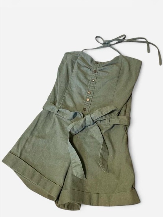 Francesca's Collections Pants - Olive Green Tie-Waist Button Front Linen Blend Halter Romper Women’s Size M